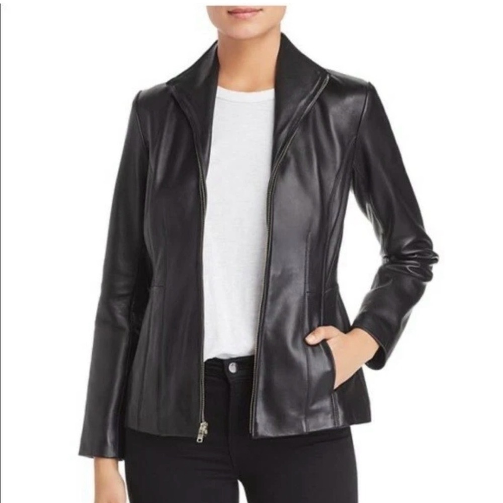 Cole Haan Womens Wing Collar Leather Jacket Black Size Small